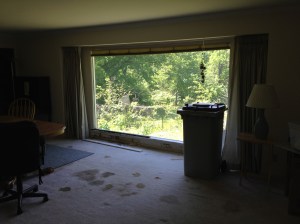 The window in the living room that needs to be replaced. It's been leaking and there's water damage to the wall below it.